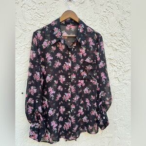 PLUS Beautiful Sheer Rose-Print Blouse +  Pearl Buttons Back Side Slits Size 10